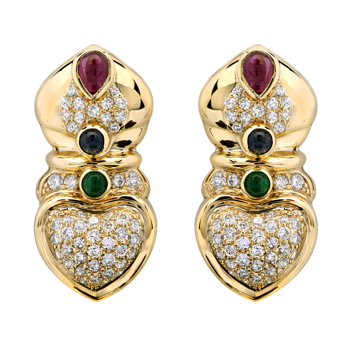1980s 18KT Yellow Gold Diamond, Emerald & Ruby Earrings front