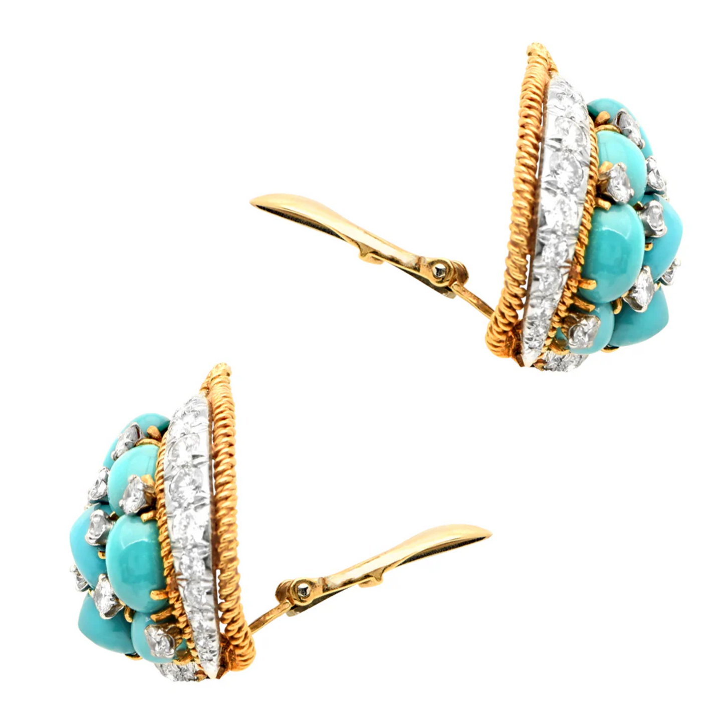 David Webb Post-1980s 18KT White & Yellow Gold Turquoise & Diamond Earrings side
