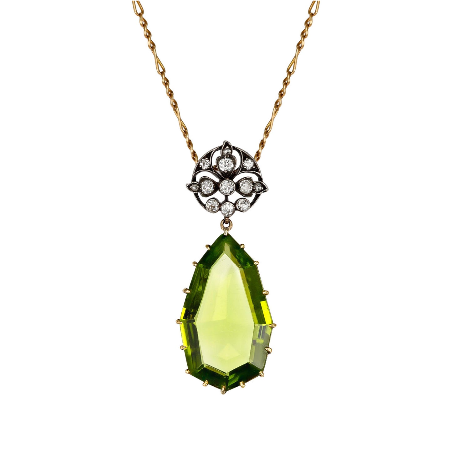 Victorian Silver & 15KT Yellow Gold Peridot & Diamond Necklace front