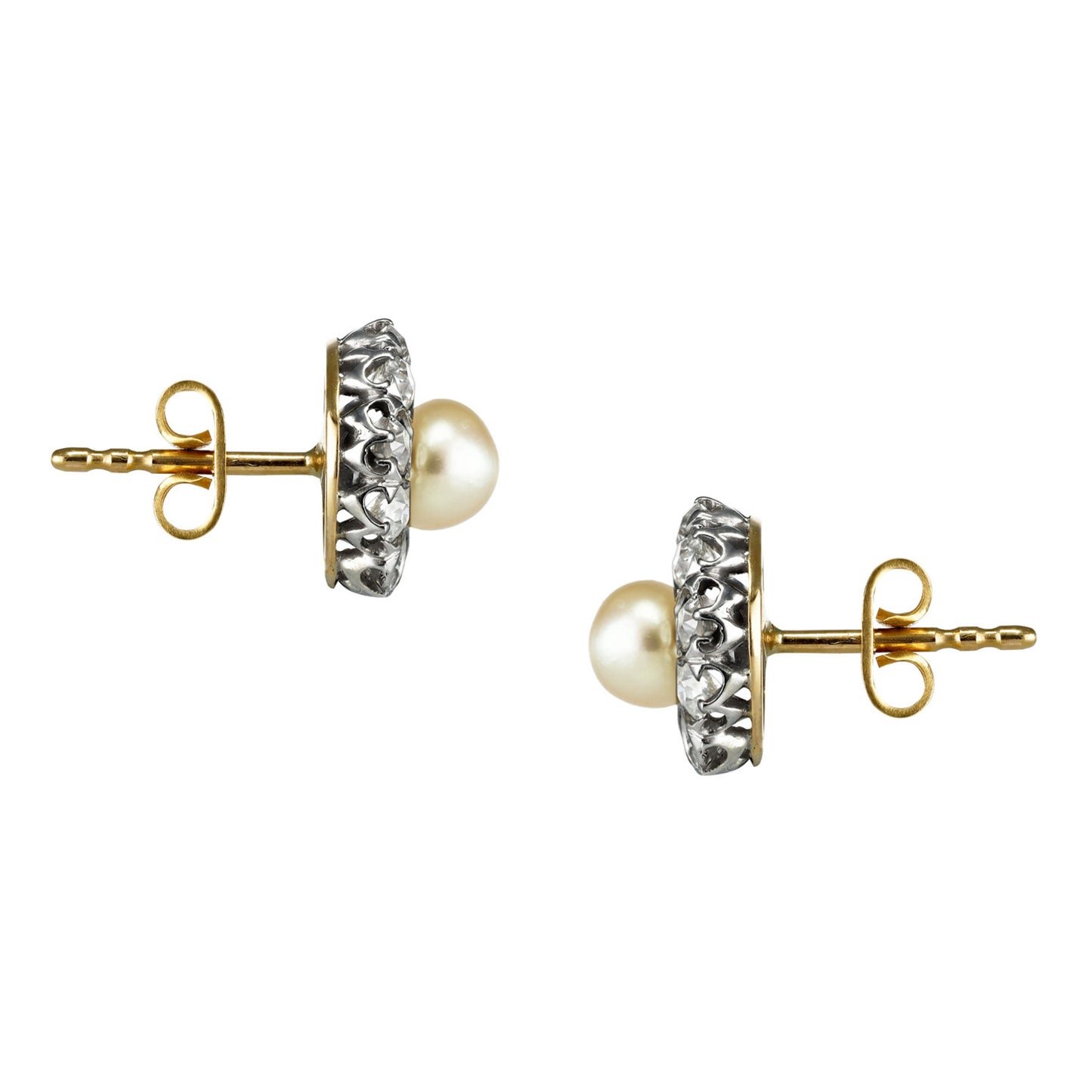 Edwardian Platinum & 18KT Yellow Gold Natural Pearl & Diamond Earrings side