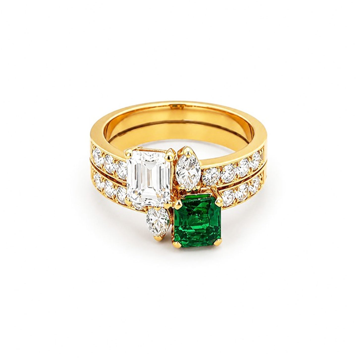 Post-1980s 18KT Yellow Gold Diamond & Emerald Ring front
