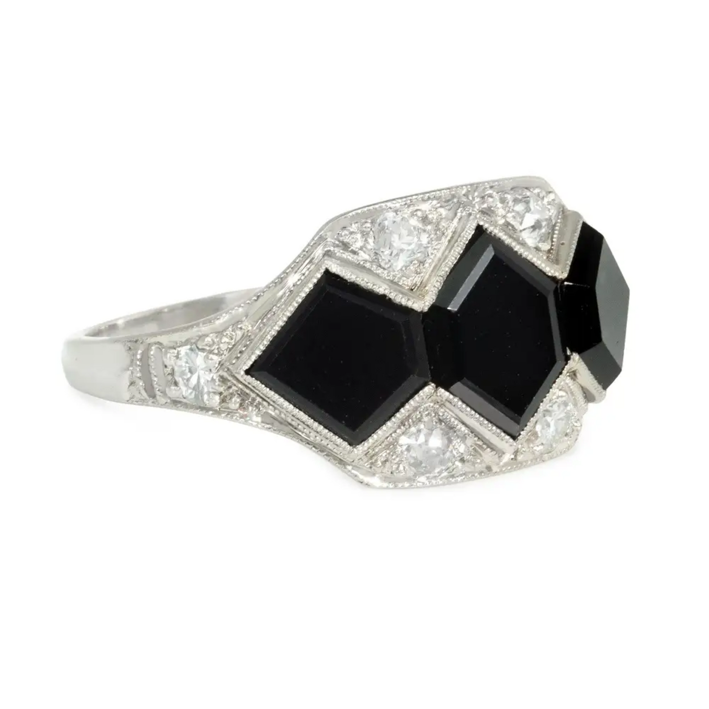 Marcus & Co. Art Deco Platinum Onyx & Diamond Ring side