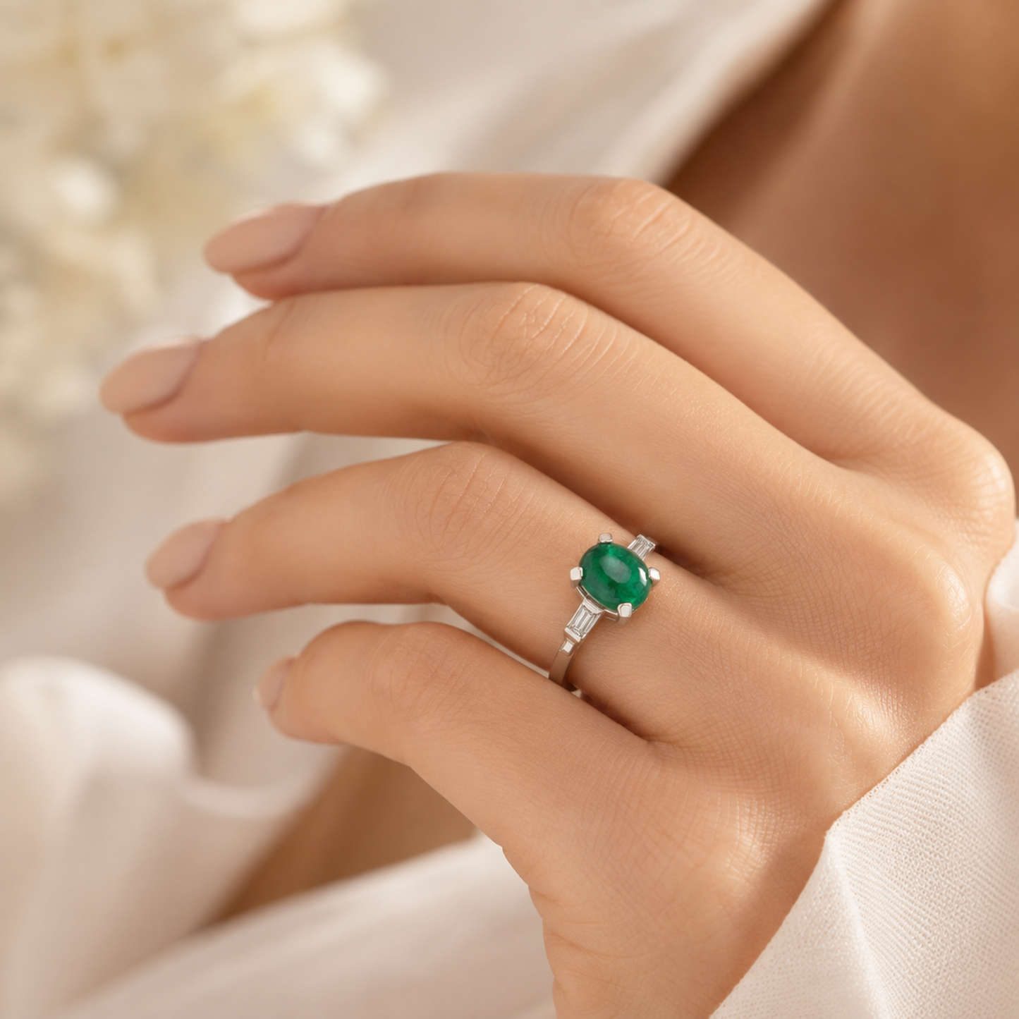 1980s Platinum Emerald Ring on finger