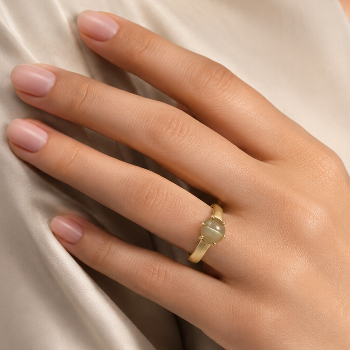1980s 18KT Yellow Gold Chrysoberyl Cat's Eye Ring on finger