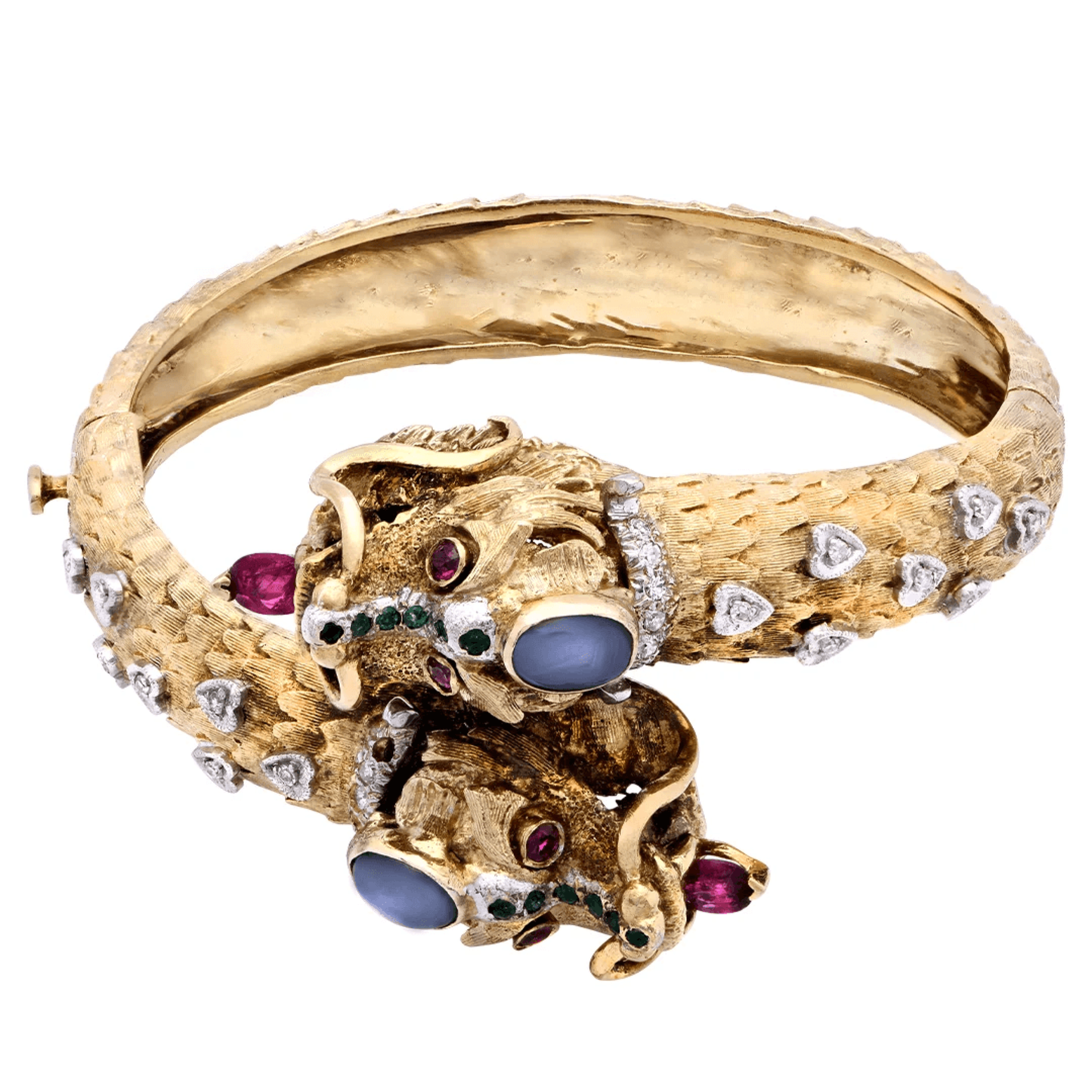 Post-1980s 18KT Yellow Gold Diamond, Ruby & Sapphire Dragon Bracelet front