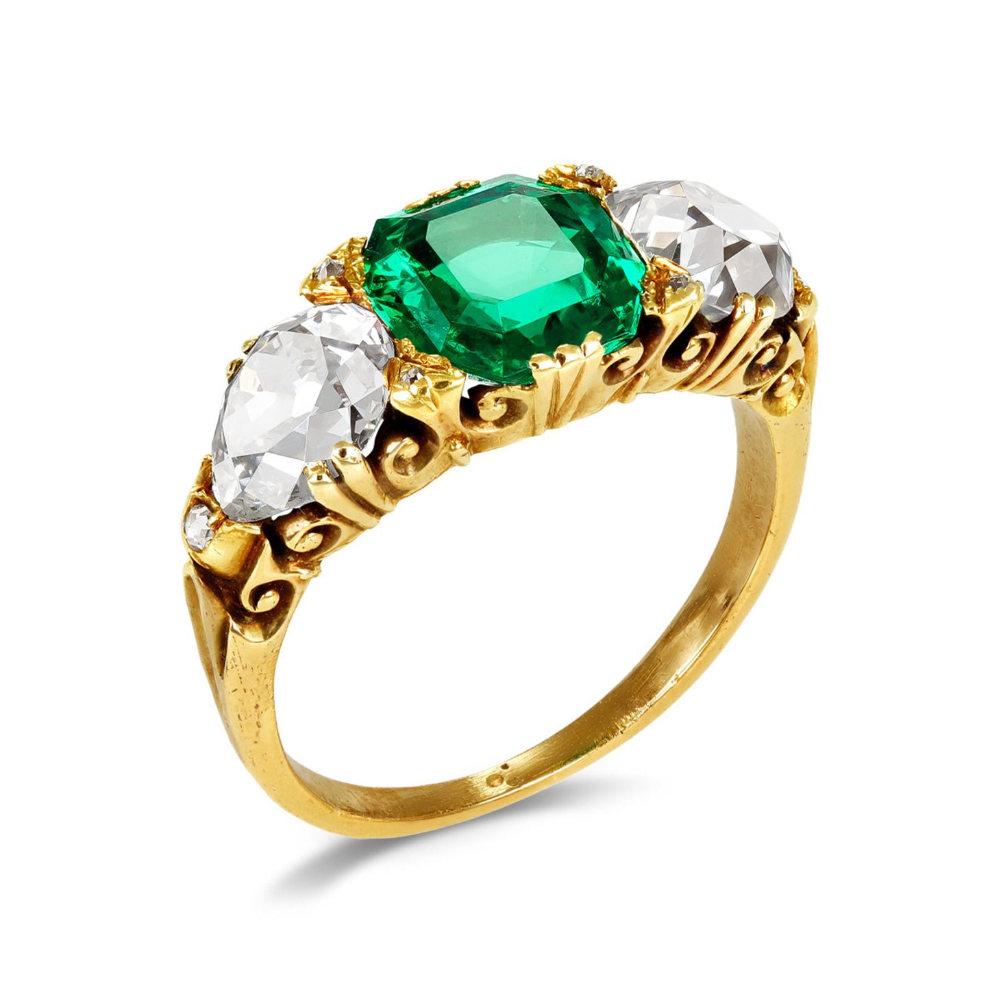 English Victorian 18KT Yellow Gold Emerald Diamond Ring profile