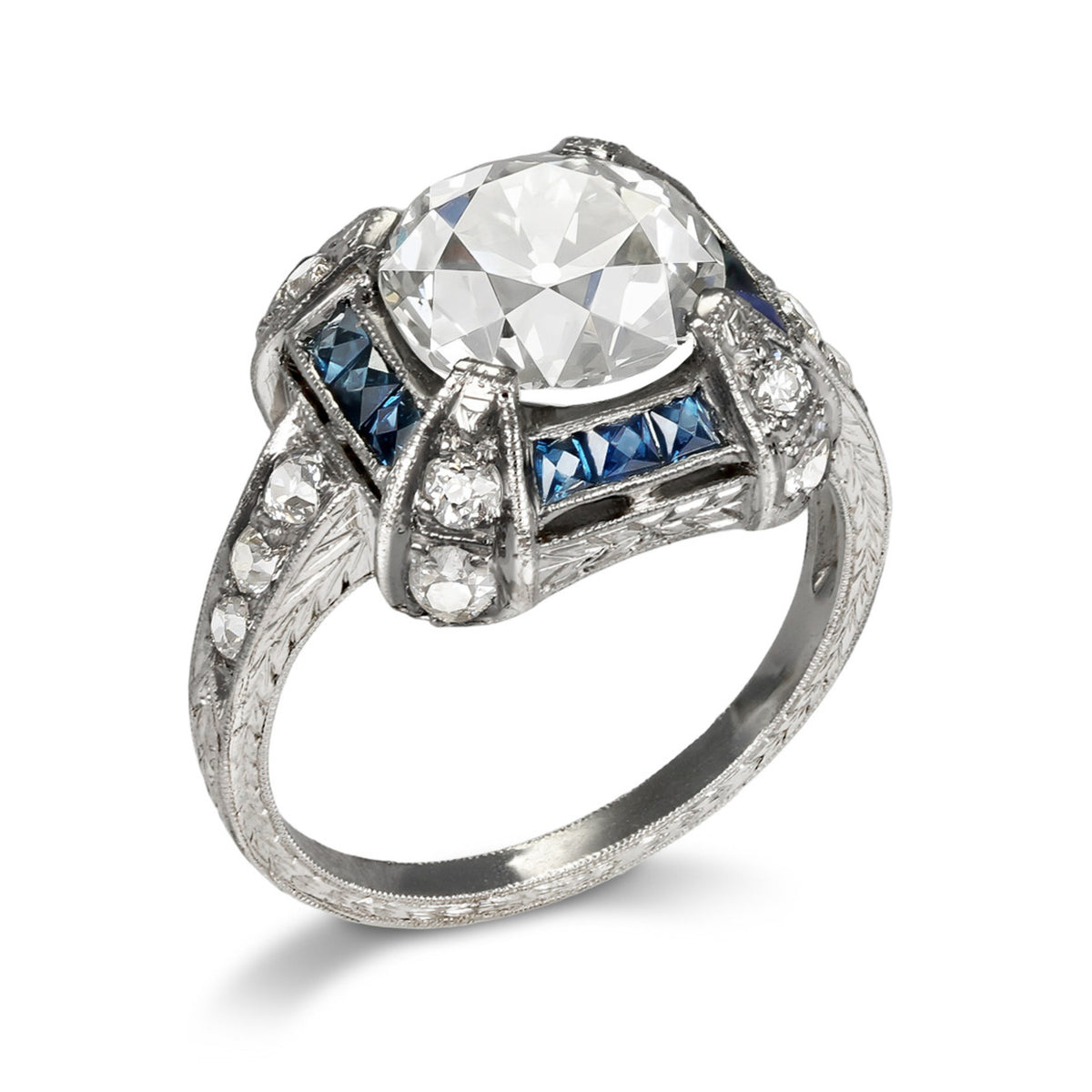 Art Deco Platinum Diamond & Sapphire Ring profile