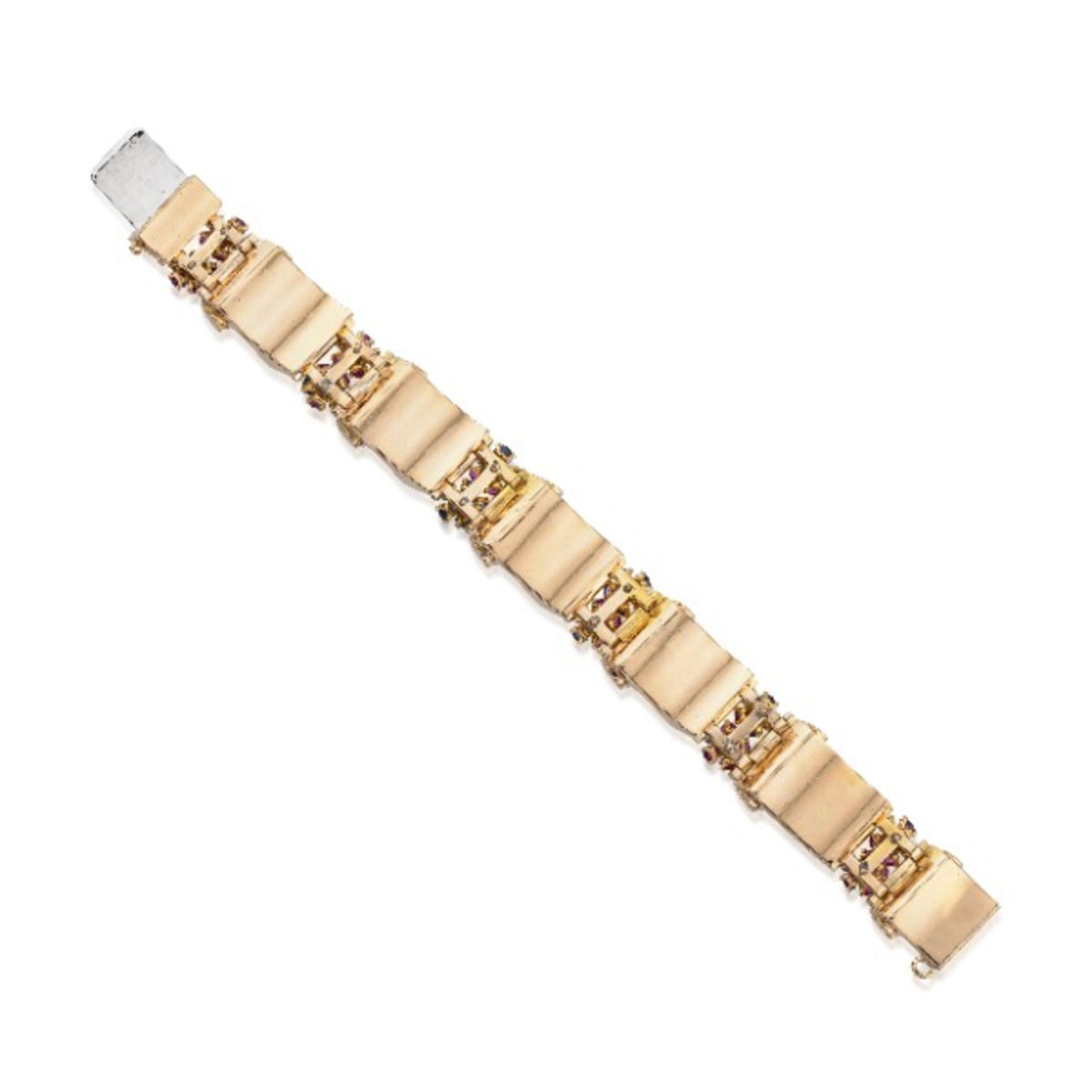 Retro 14KT Yellow Gold Diamond, Ruby & Sapphire Bracelet back