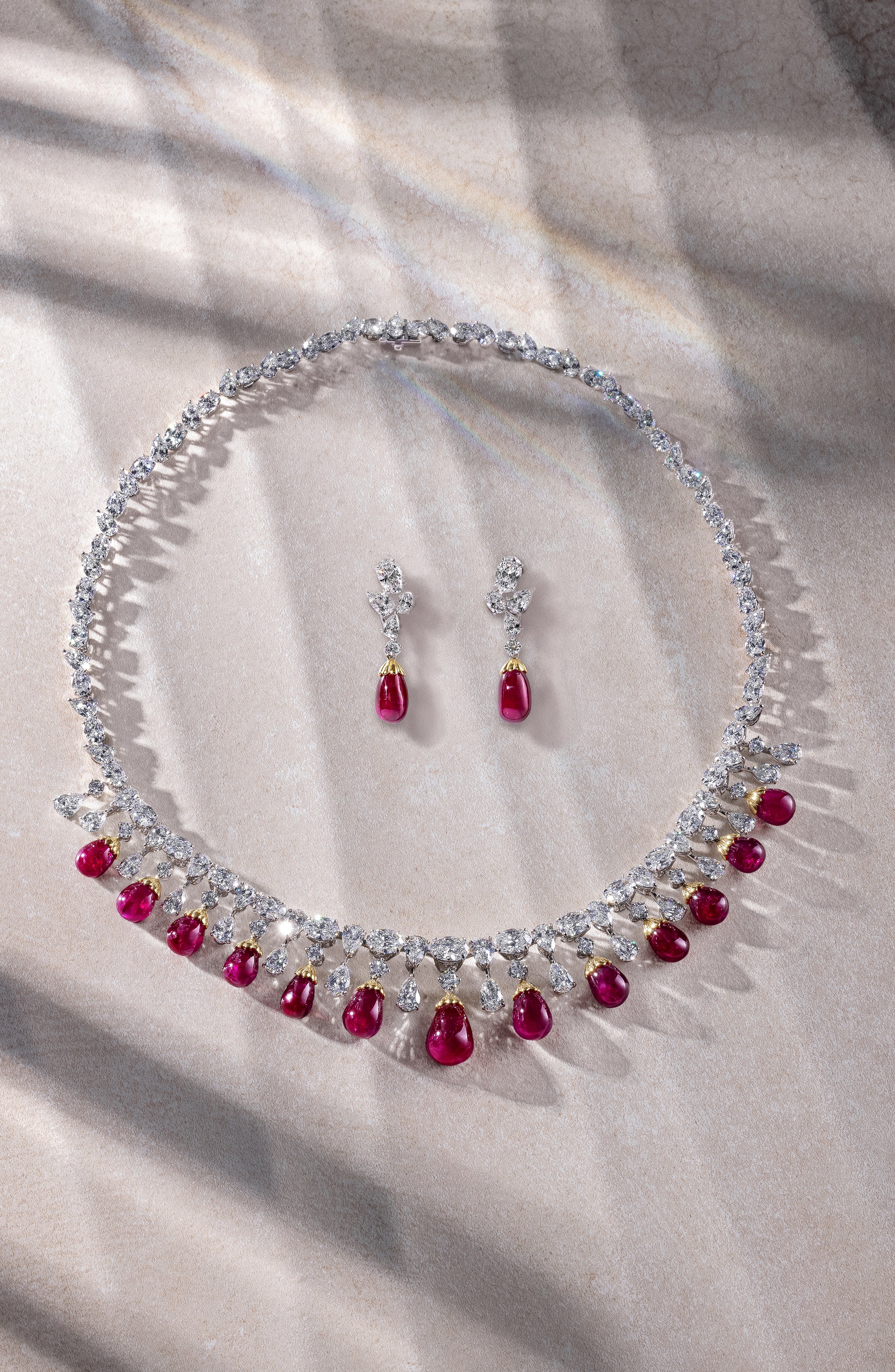 Diamond and Ruby Necklace & Earring Set from Dehres