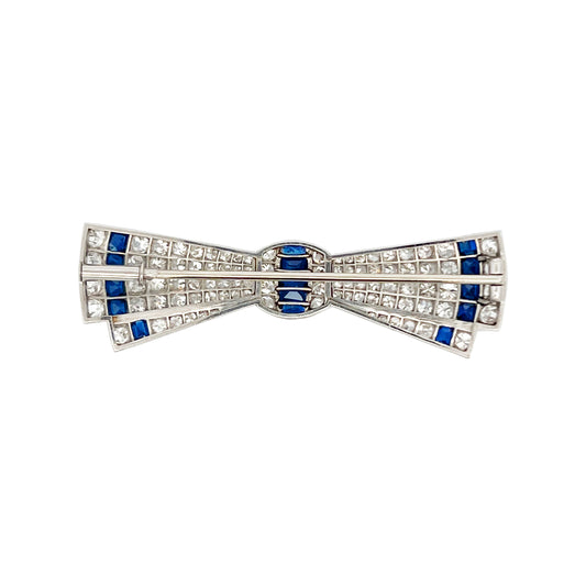 Art Deco Platinum Sapphire Diamond Bow Brooch back view