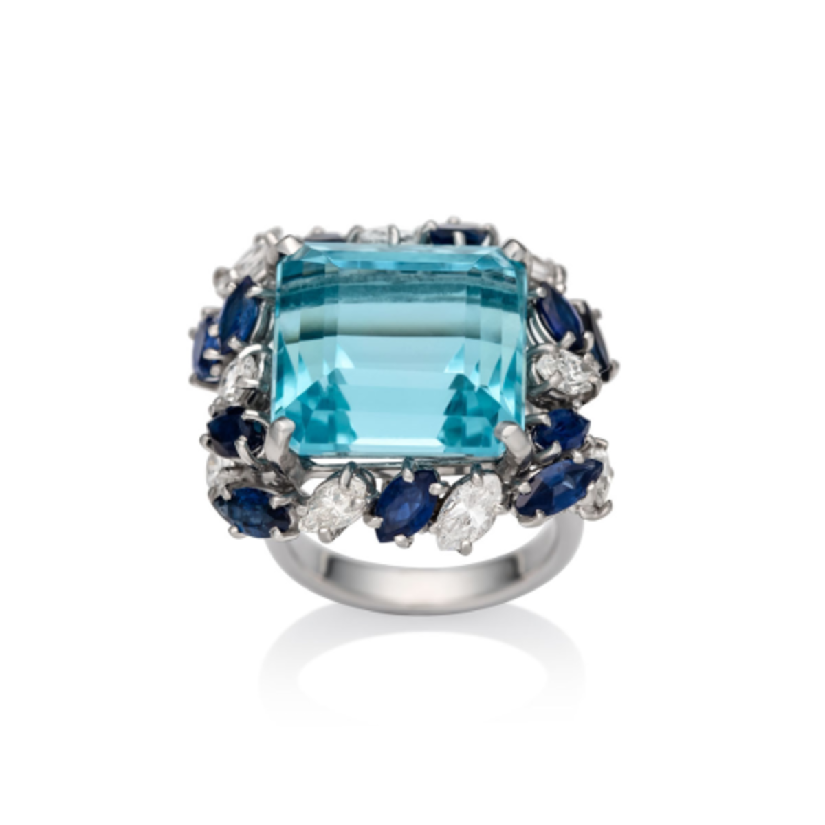 1950s Platinum Aquamarine, Diamond & Sapphire Ring angled front view