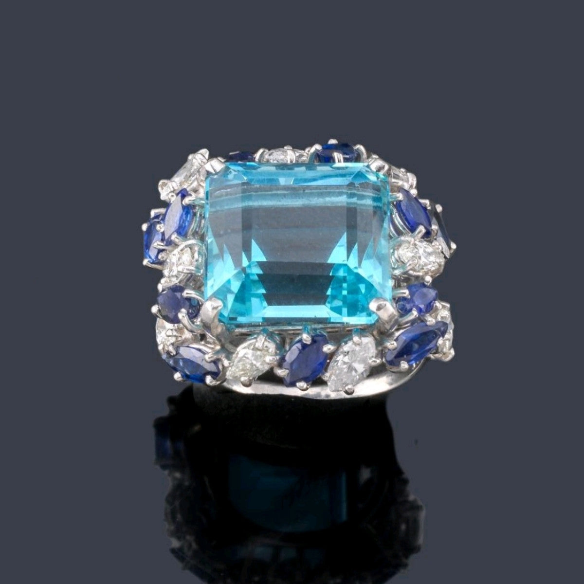 1950s Platinum Aquamarine, Diamond & Sapphire Ring front view on black background