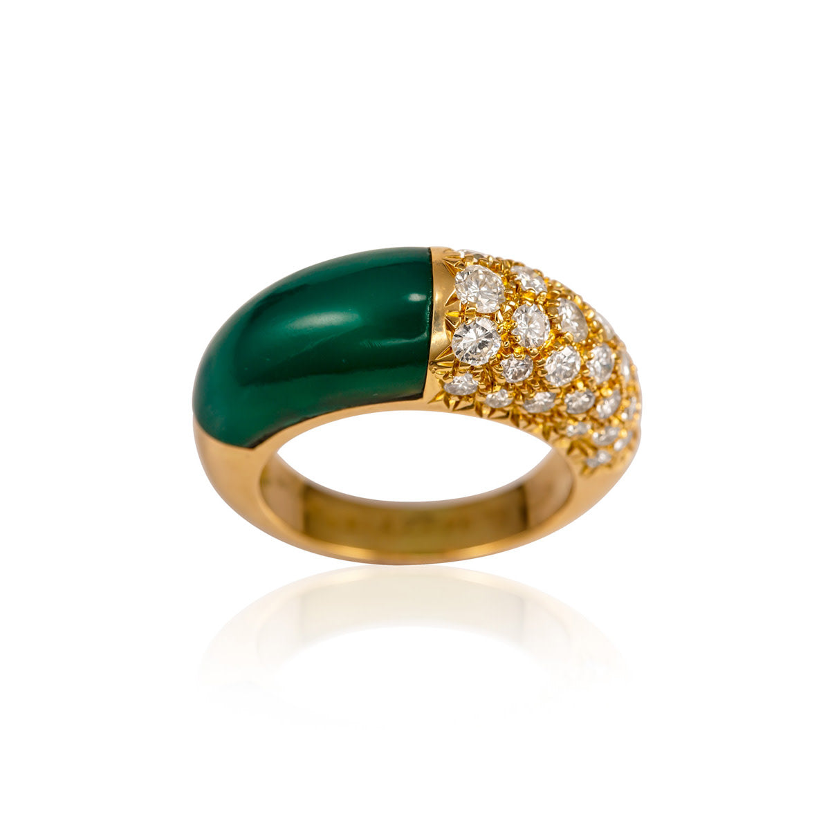 Cartier 1980s 18KT Yellow Gold Chalcedony & Diamond Ring angled front view