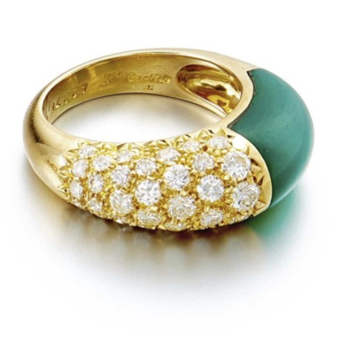 Cartier 1980s 18KT Yellow Gold Chalcedony & Diamond Ring sideview
