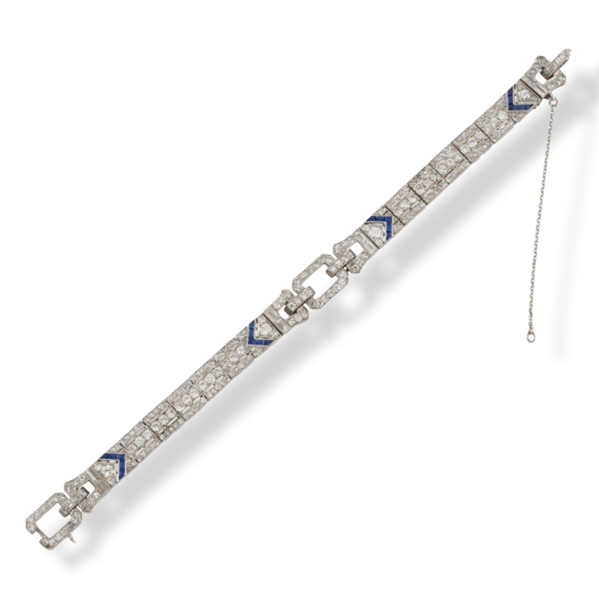 Art Deco Platinum Diamond & Sapphire Bracelet laid out front view