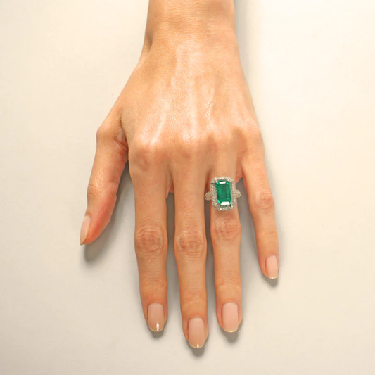 Art Deco Platinum Colombian Emerald & Diamond Ring worn on hand