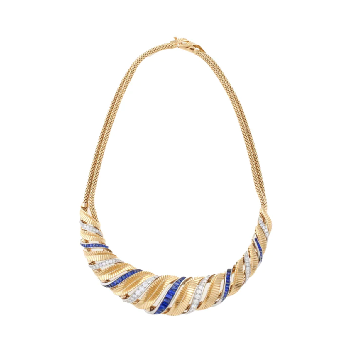 1940s Platinum & Yellow Gold Diamond & Sapphire Torsade Necklace front view