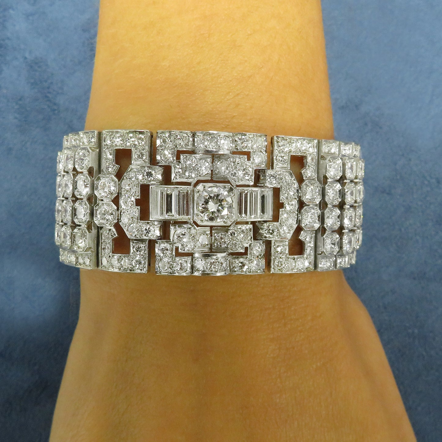 Art Deco Platinum Diamond Bracelet worn on wrist