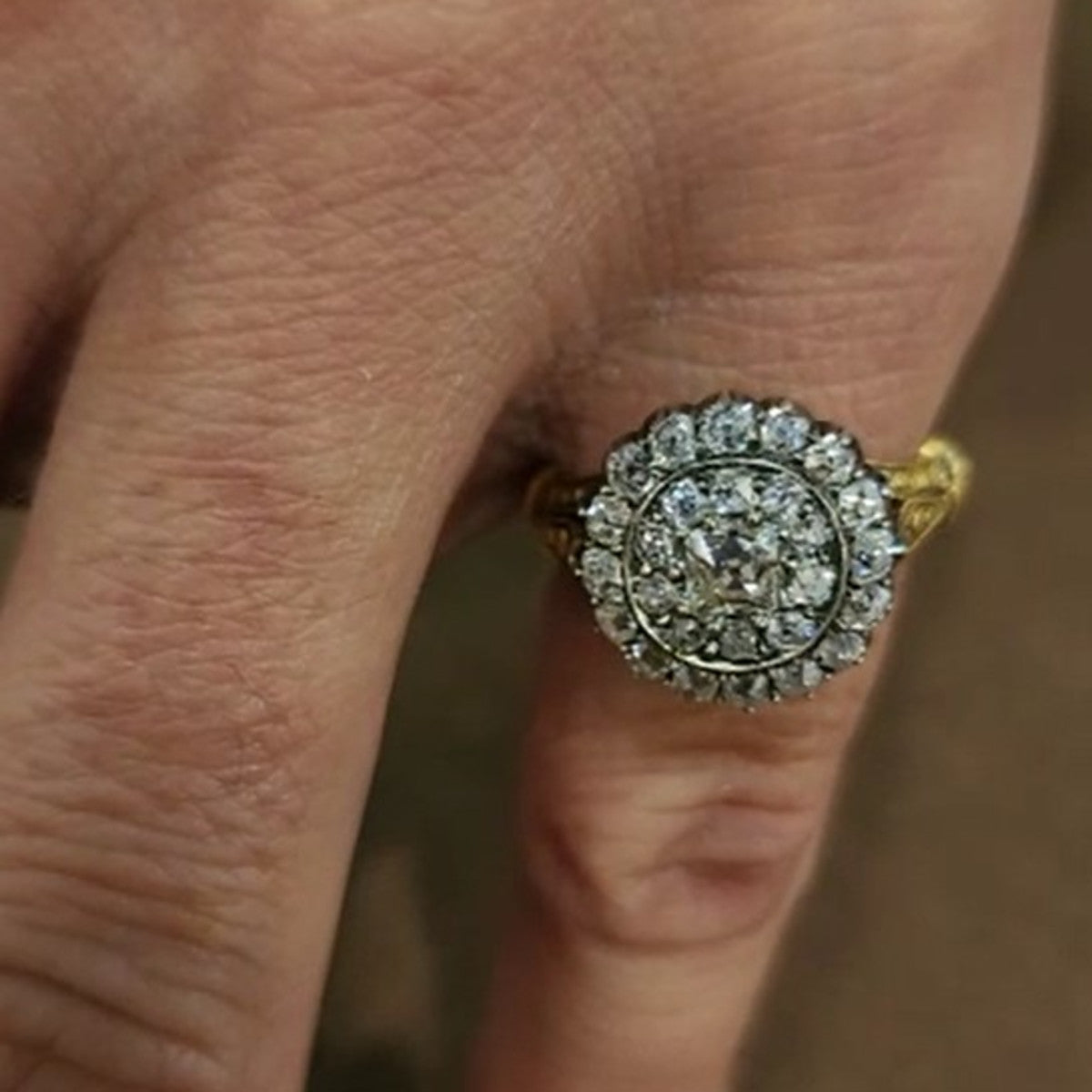 Antique Silver & Yellow Gold Diamond Ring worn on hand