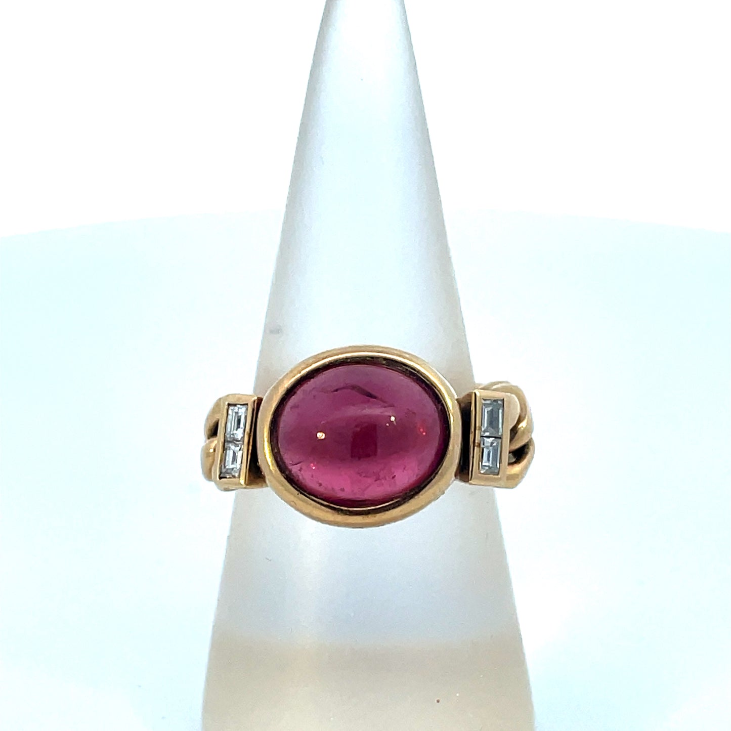 Bulgari 1970s 18KT Yellow Gold Pink Tourmaline & Diamond Ring front view on form