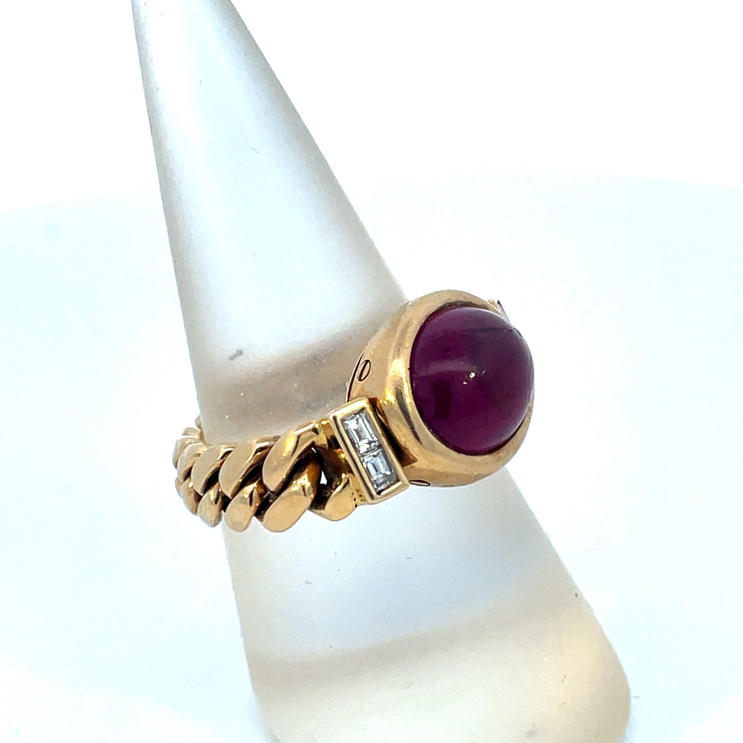 Bulgari 1970s 18KT Yellow Gold Pink Tourmaline & Diamond Ring side view on form