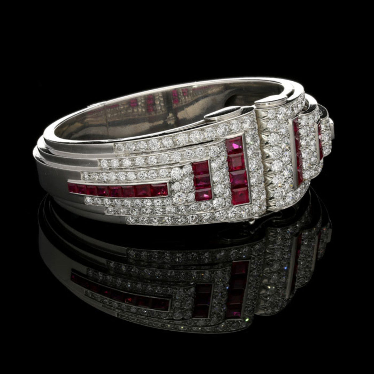 Udall & Ballou Art Deco Platinum Diamond & Ruby Cuff Bracelet side view