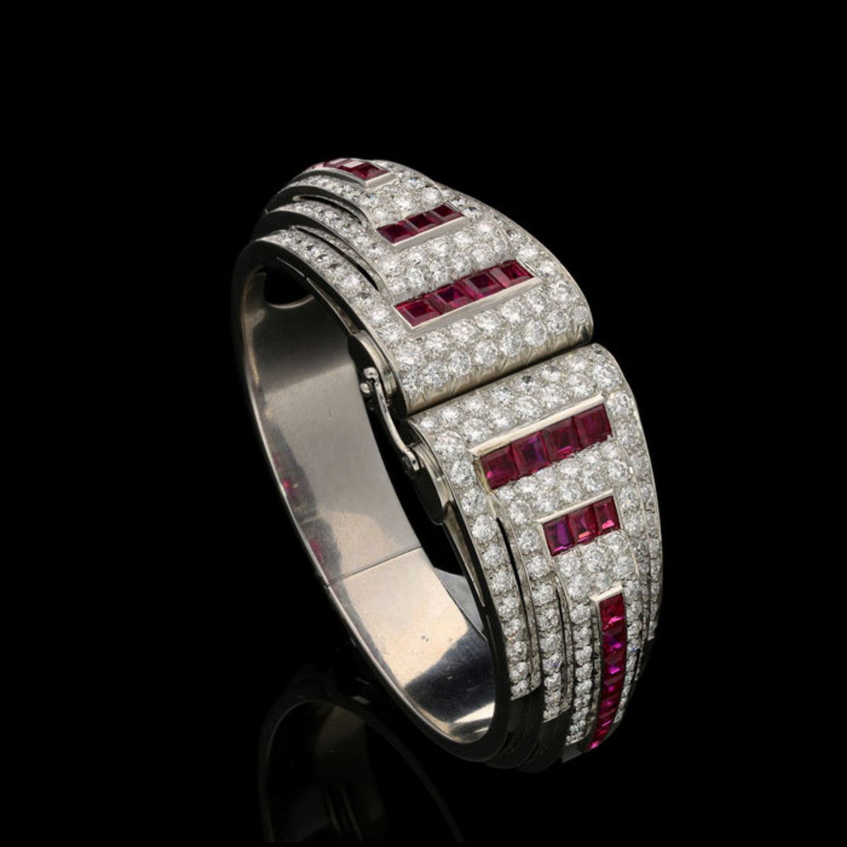 Udall & Ballou Art Deco Platinum Diamond & Ruby Cuff Bracelet top view