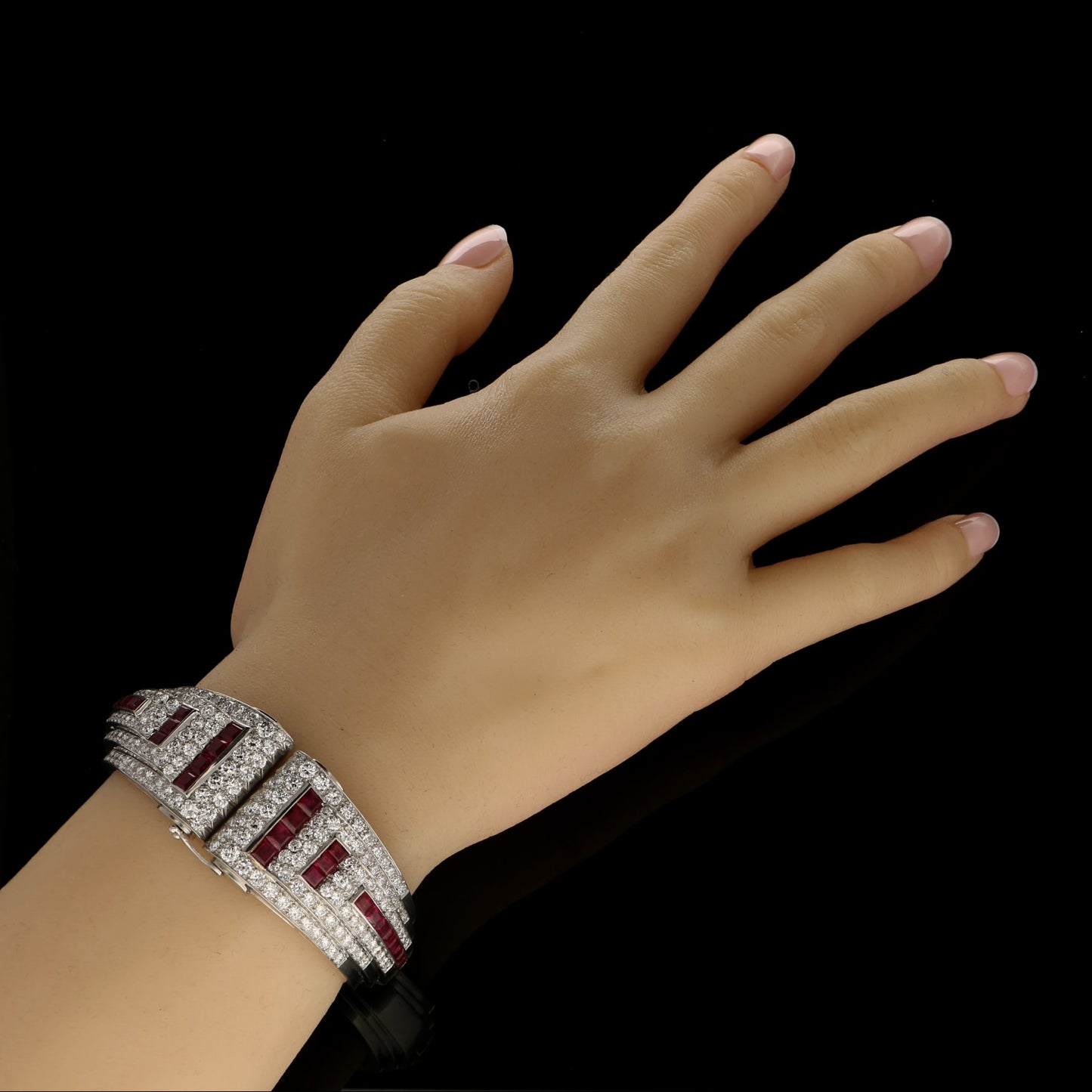 Udall & Ballou Art Deco Platinum Diamond & Ruby Cuff Bracelet worn on wrist