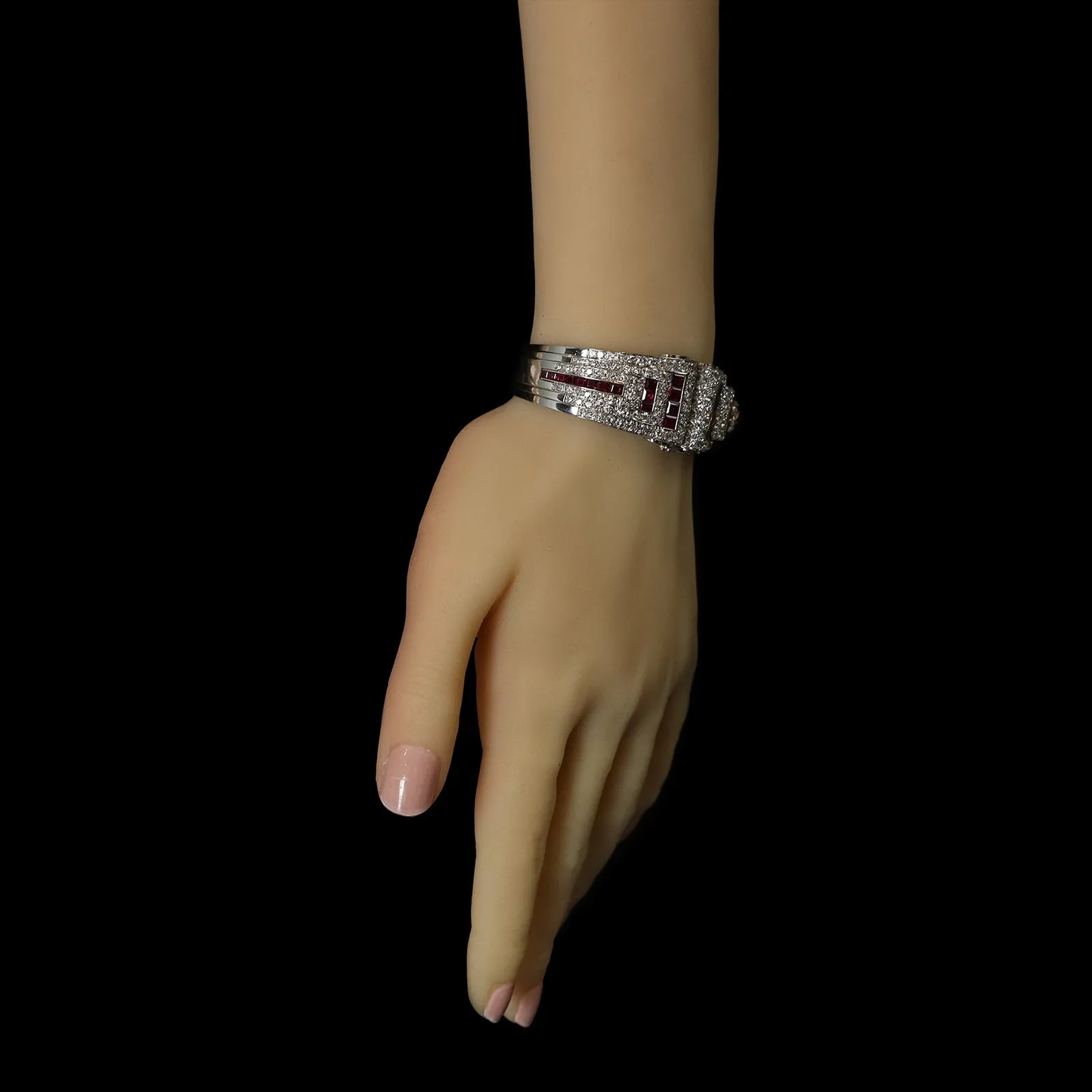 Udall & Ballou Art Deco Platinum Diamond & Ruby Cuff Bracelet worn on wrist