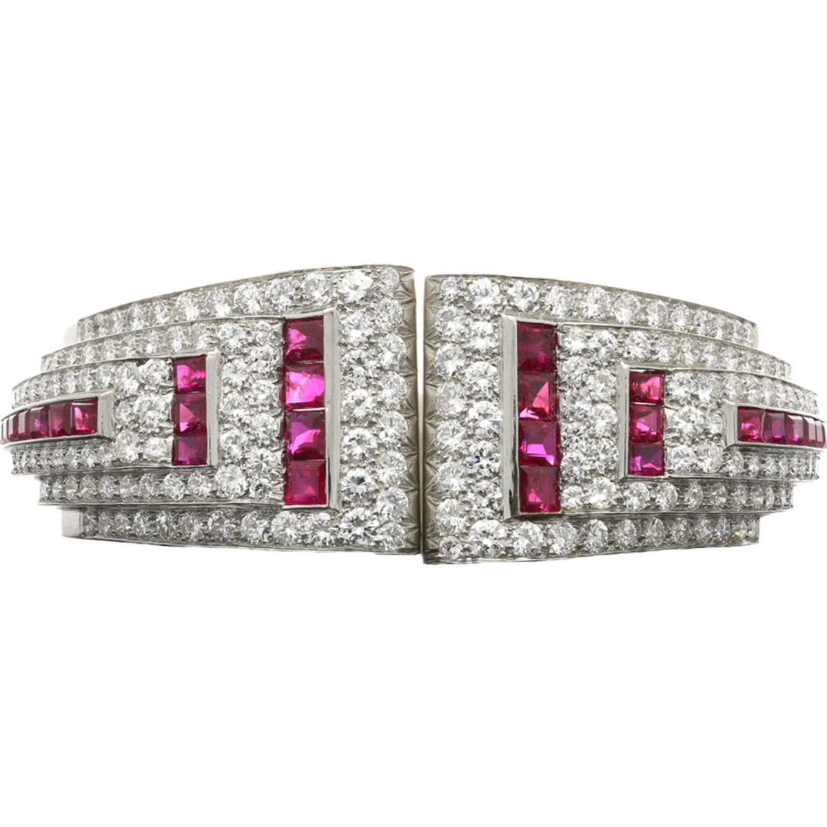 Udall & Ballou Art Deco Platinum Diamond & Ruby Cuff Bracelet front view