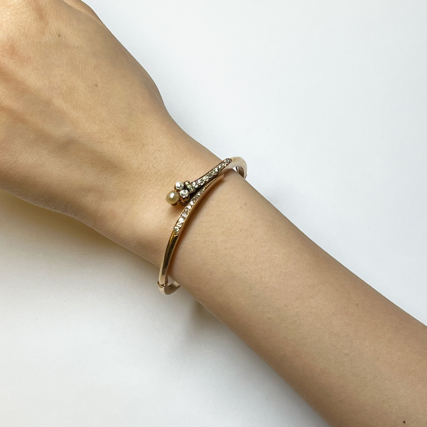 Victorian Gold Diamond & Natural Pearl Bracelet worn on wrist