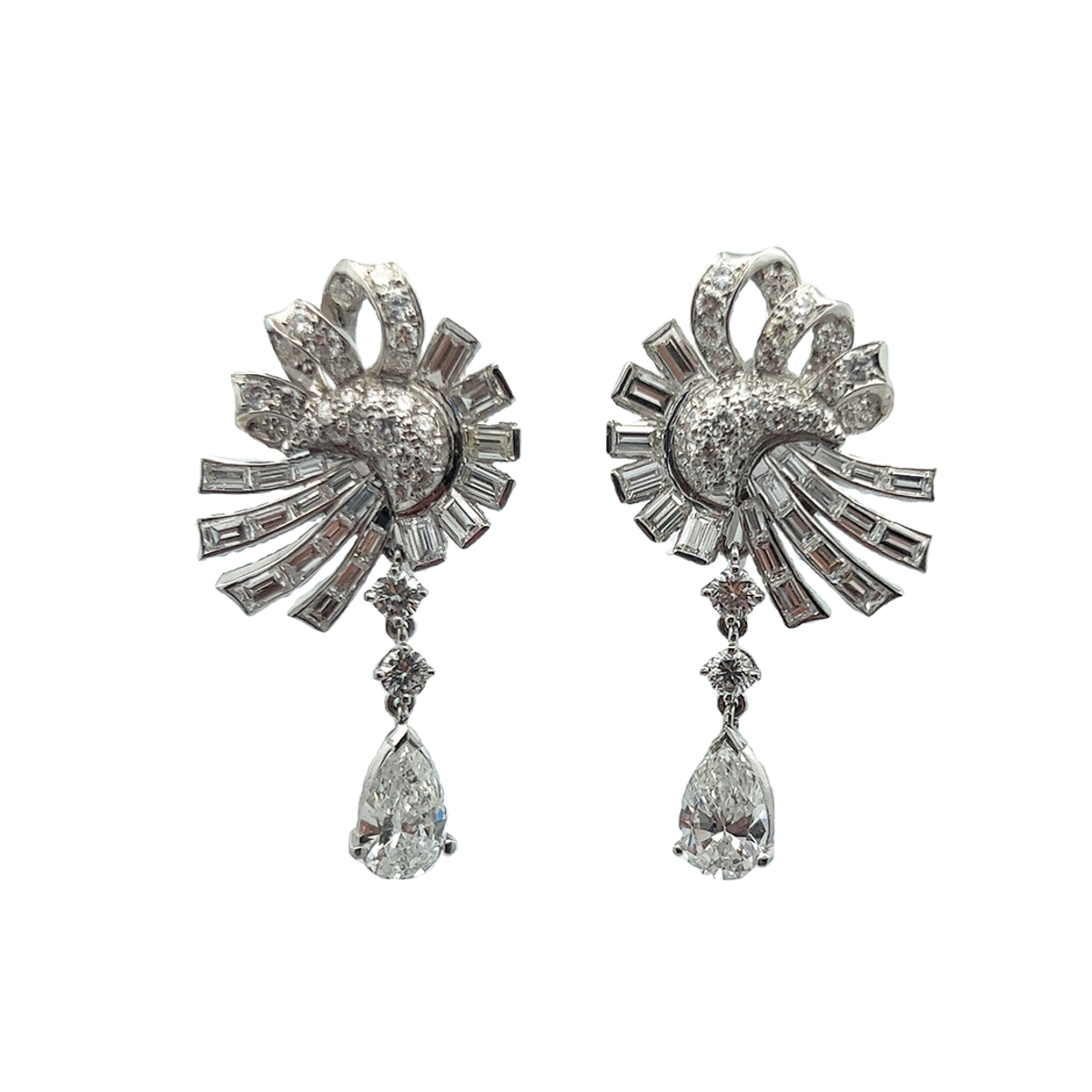 1950s Platinum Diamond Earrings front view