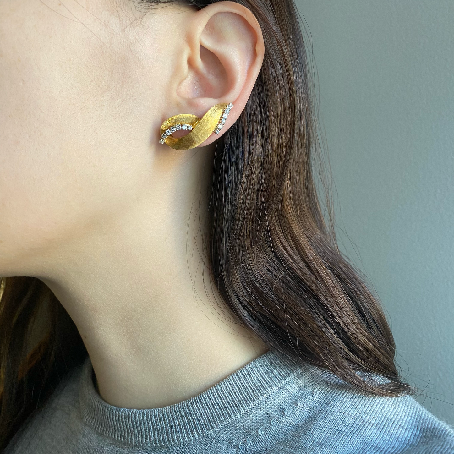 1970s 18KT Yellow Gold Diamond Earrings on ear
