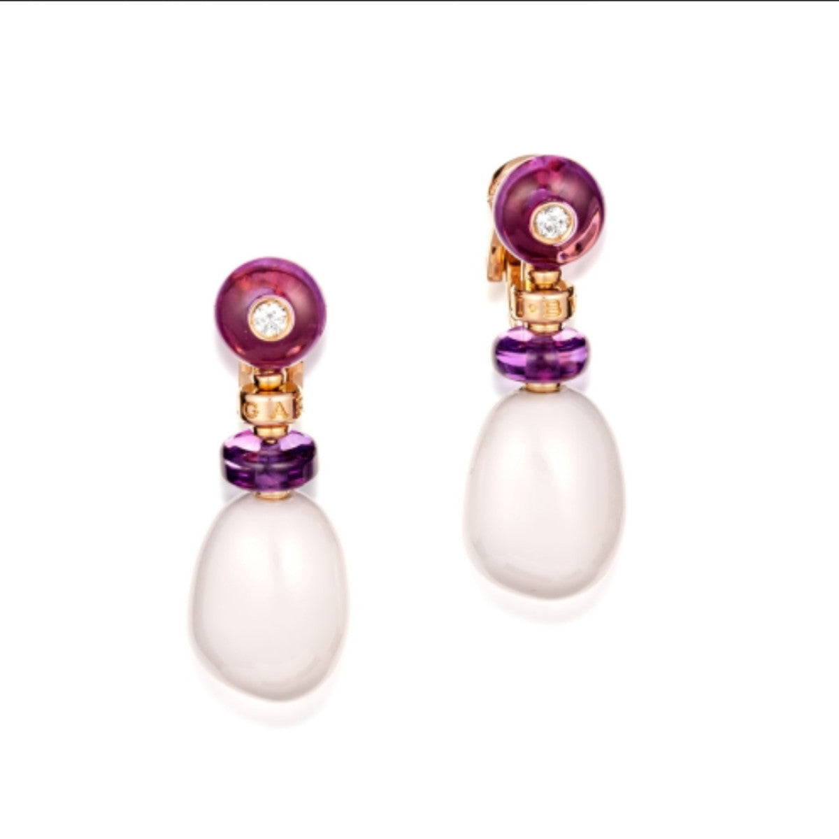 Bulgari Italian 1990s 18KT Yellow Gold Ceramic, Amethyst & Diamond Mediterranean Eden Earrings front view