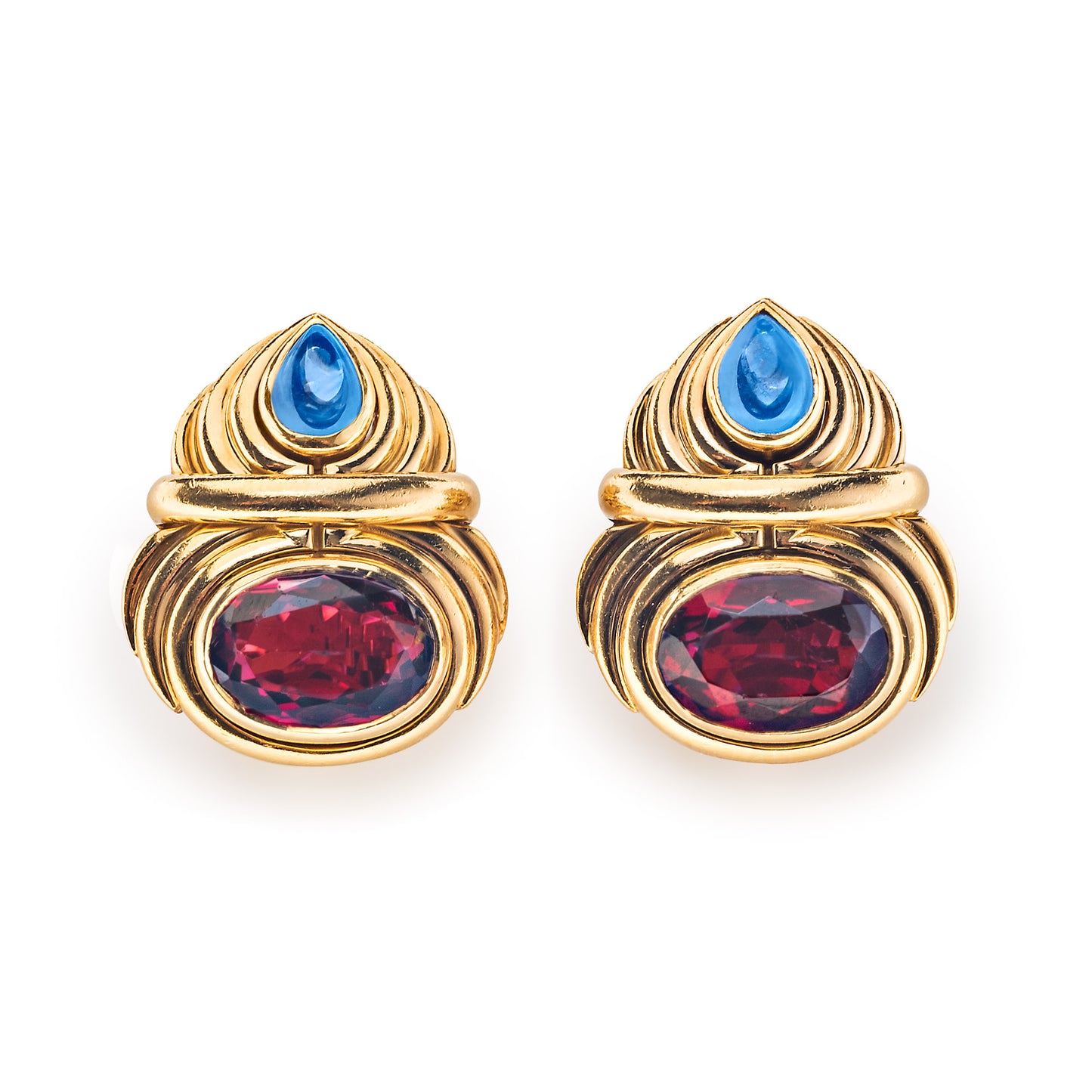 Bulgari 1980s 18KT Yellow Gold Rubellite Tourmaline & Sapphire Earrings front view