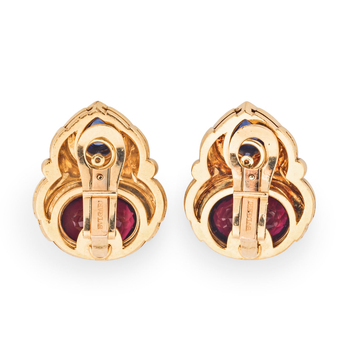 Bulgari 1980s 18KT Yellow Gold Rubellite Tourmaline & Sapphire Earrings back view