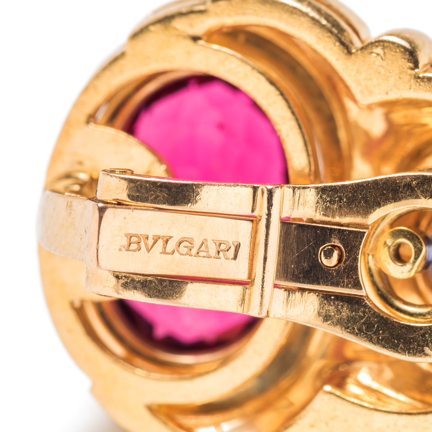 Bulgari 1980s 18KT Yellow Gold Rubellite Tourmaline & Sapphire Earrings close-up details
