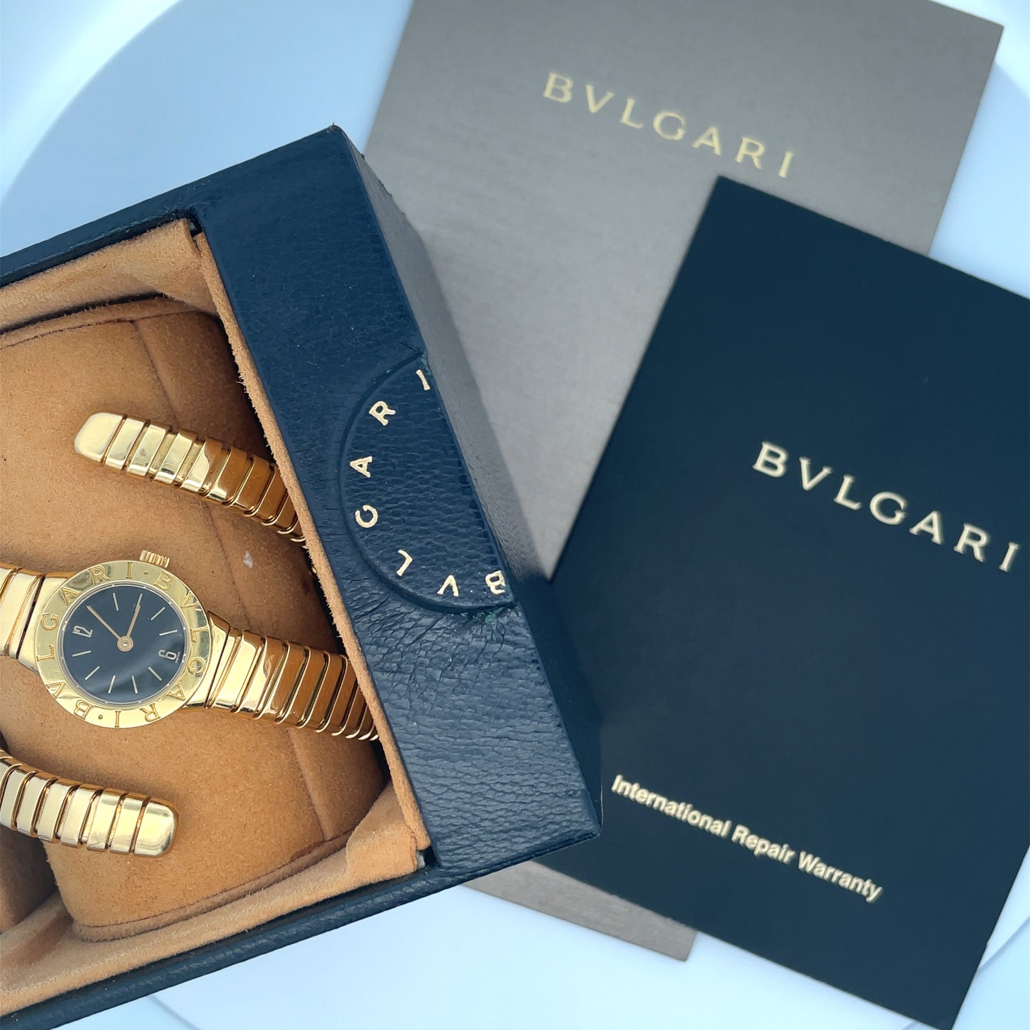 Bulgari 1980s 18KT Yellow Gold Tubogas Serpenti Bracelet Watch in original box with paperwork