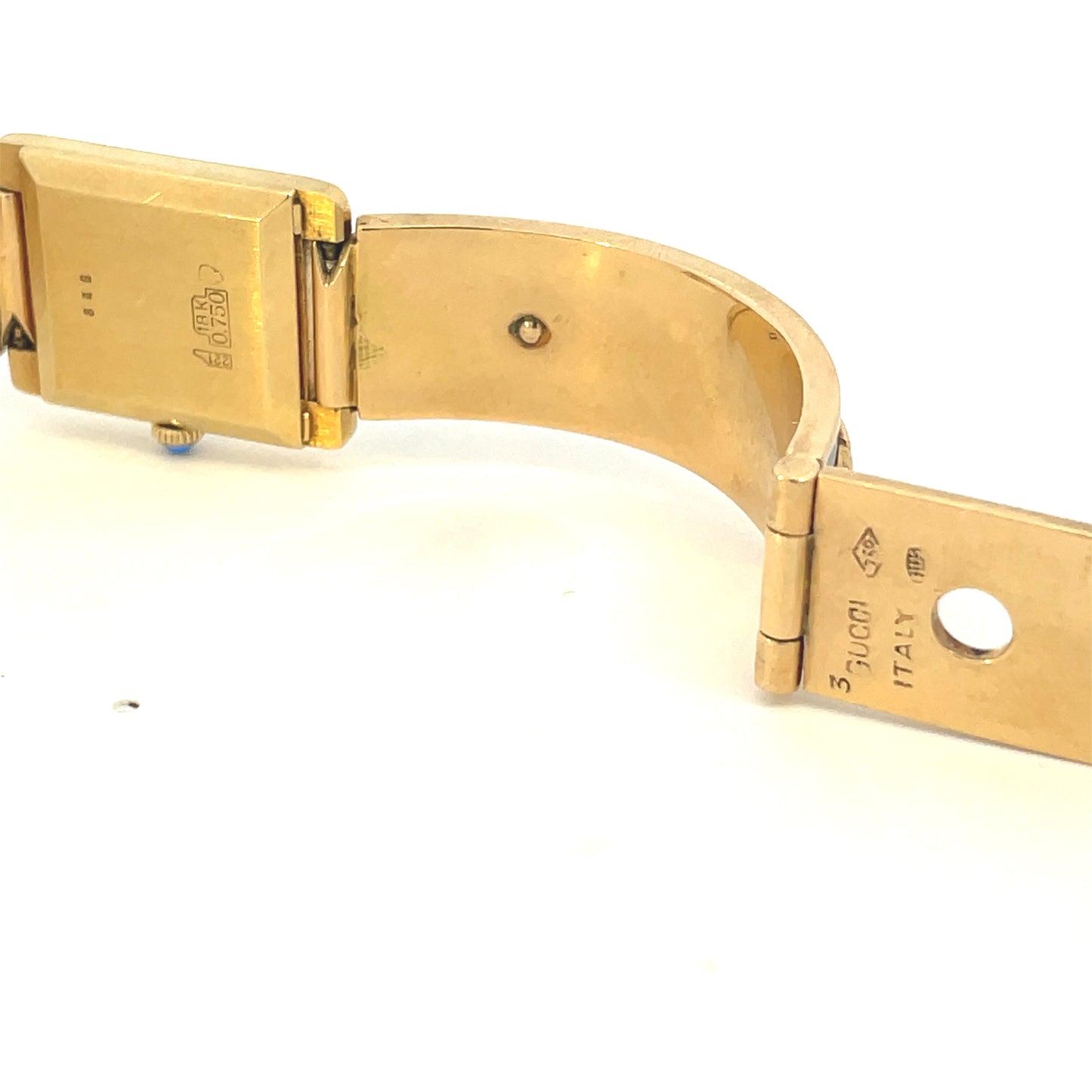 Gucci 1970s 18KT Yellow Gold & Enamel Bracelet Watch close-up buckle view