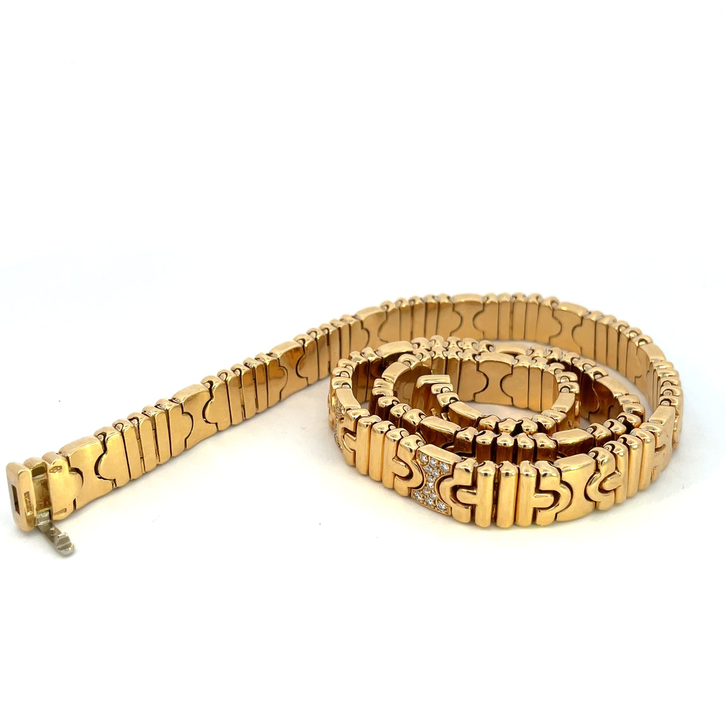 Bulgari 1980s 18KT Yellow Gold Diamond Parentesti Necklace rolled up
