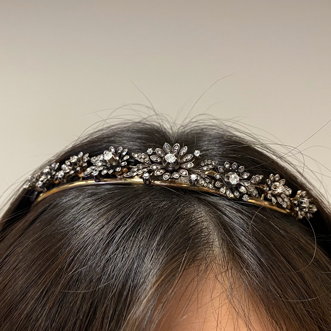 Victorian Silver & 18KT Yellow Gold Diamond Tiara / Necklace worn as tiara in hair