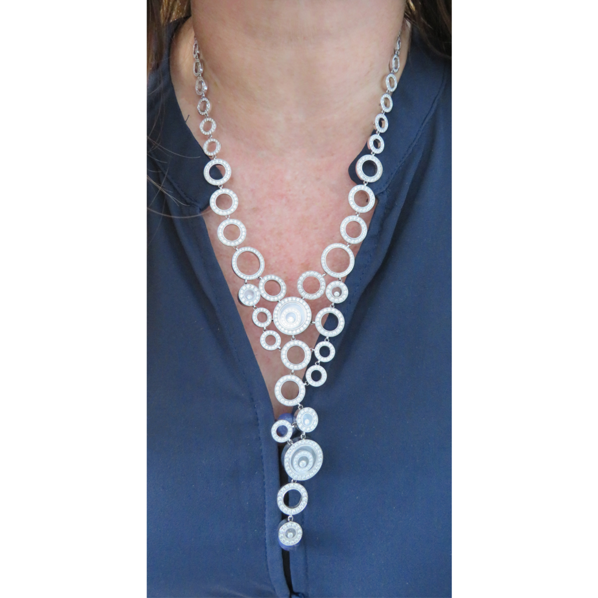 Chopard Post-1980s 18KT White Gold Diamond Necklace front view worn on neck