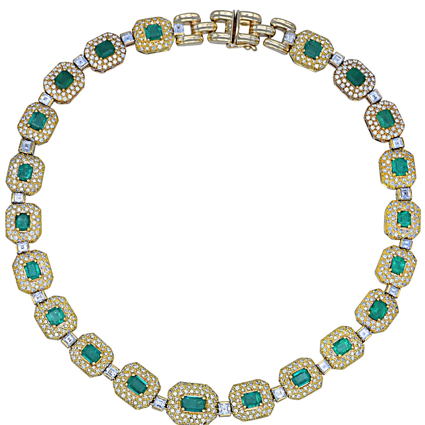 Post-1980s 14KT Yellow Gold Emerald & Diamond Necklace front view