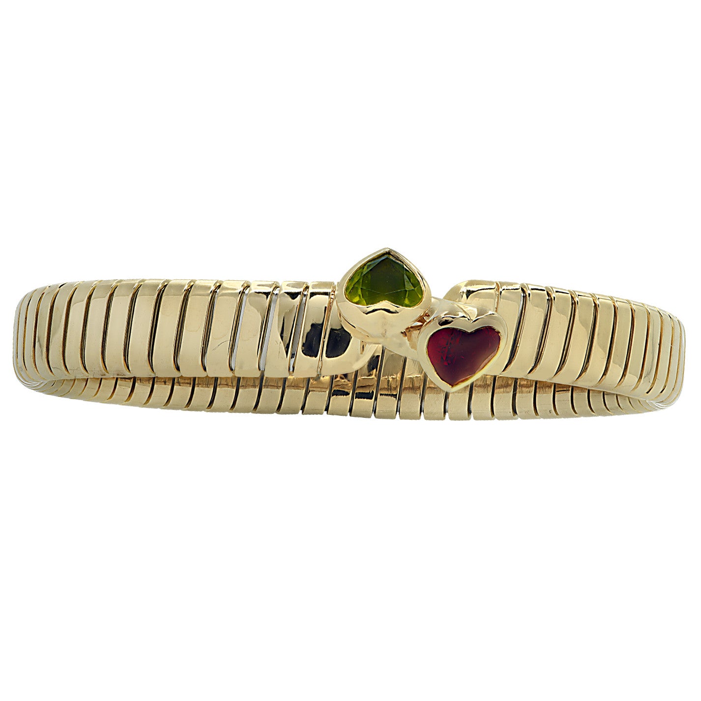 Bulgari 1980s 18KT Yellow Gold Tourmaline & Peridot Tubogas Bracelet front view