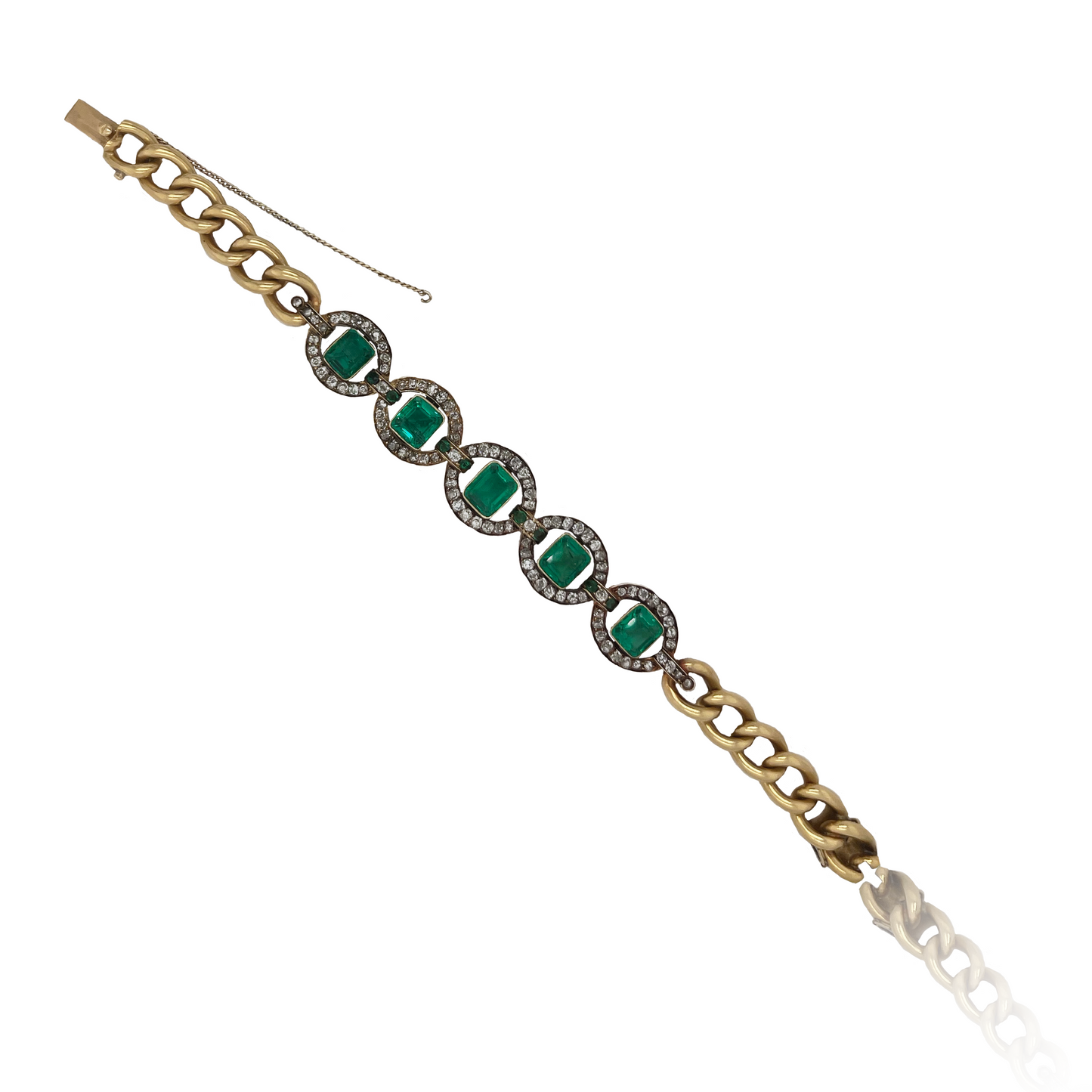 Victorian 18KT Yellow Gold Emerald & Diamond Bracelet front view
