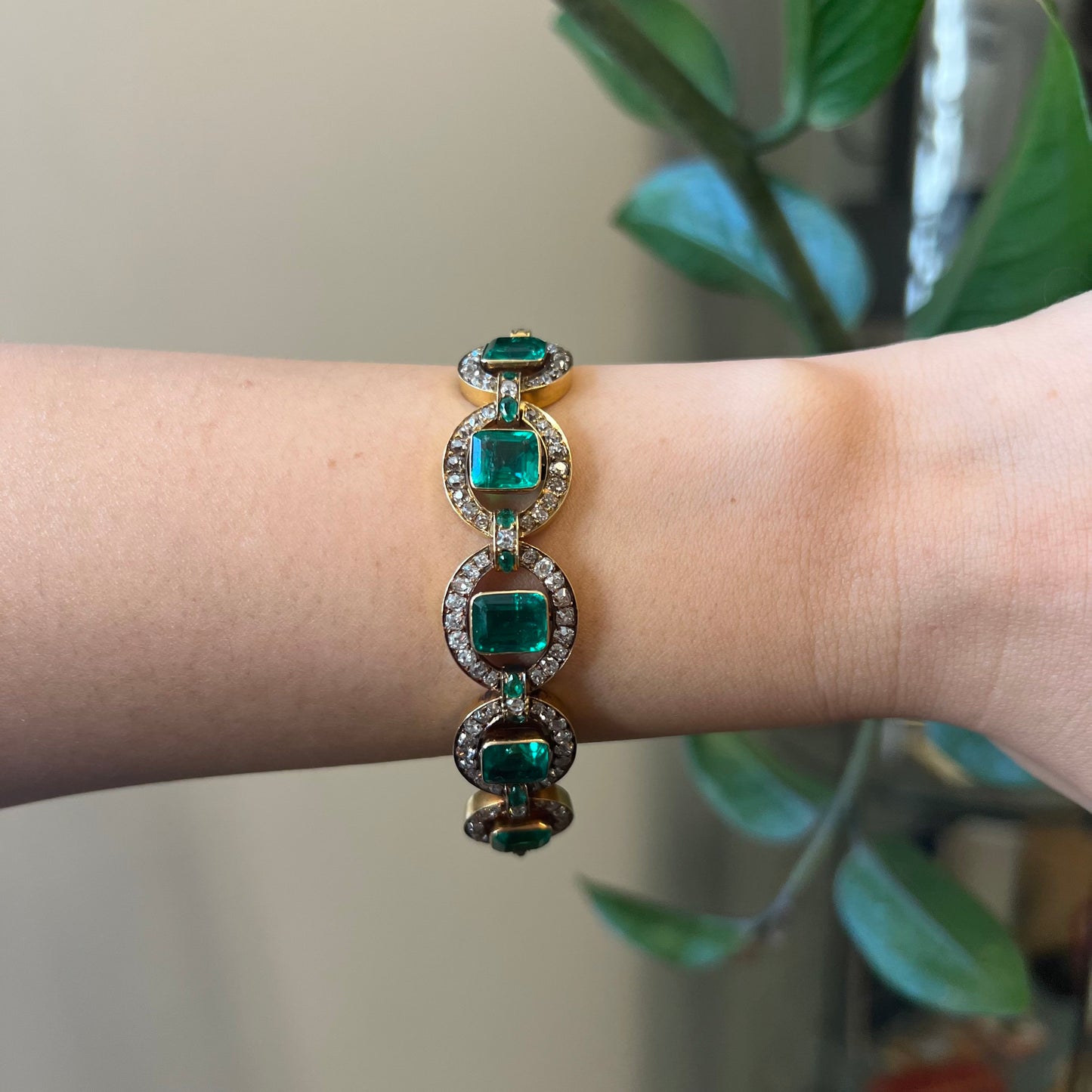 Victorian 18KT Yellow Gold Emerald & Diamond Bracelet worn on wrist