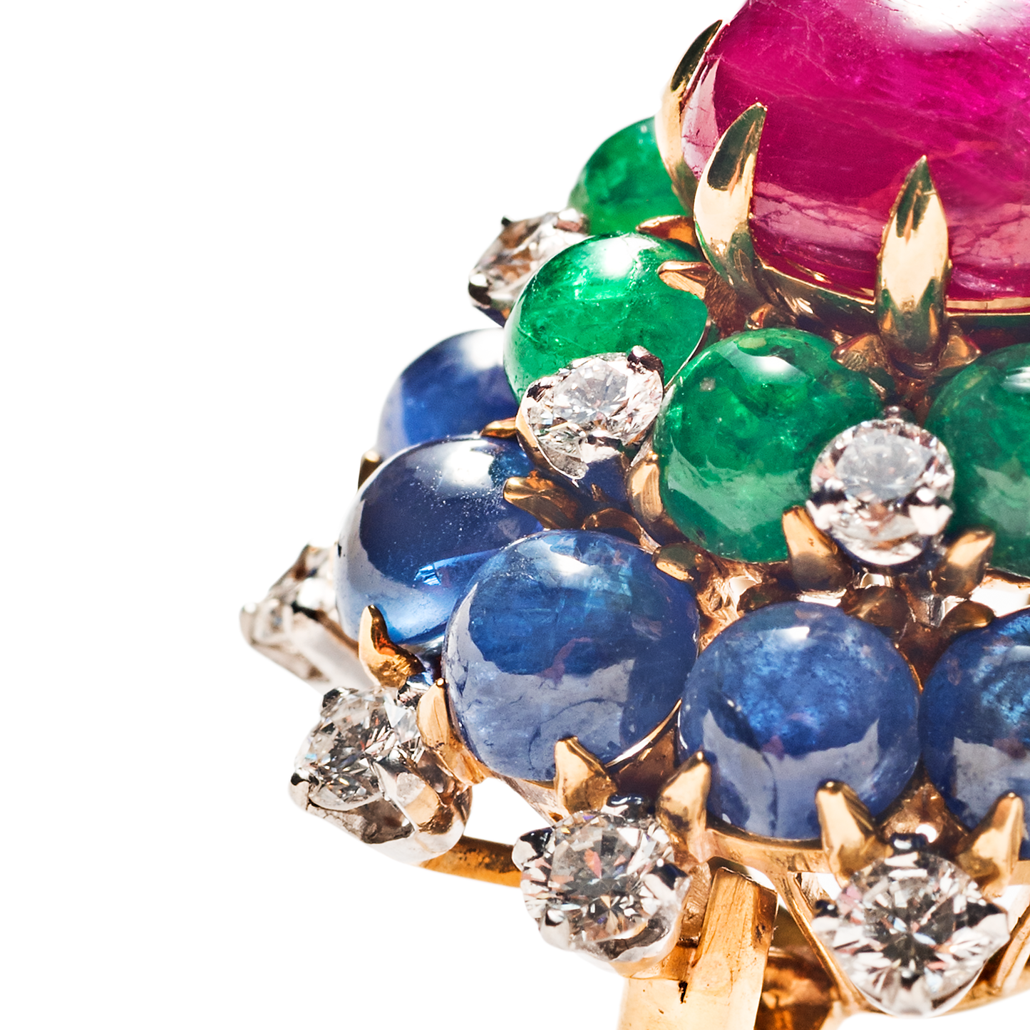 Bulgari 1960s 18KT Yellow Gold Ruby, Diamond, Emerald & Sapphire Ring close-up details