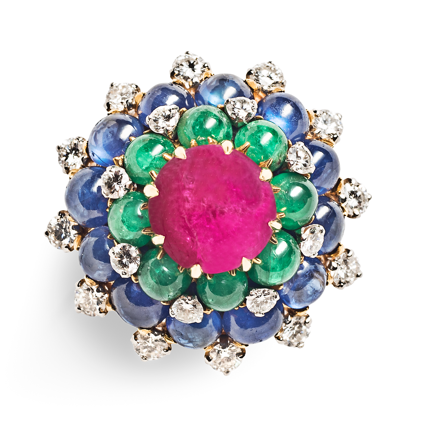 Bulgari 1960s 18KT Yellow Gold Ruby, Diamond, Emerald & Sapphire Ring front view