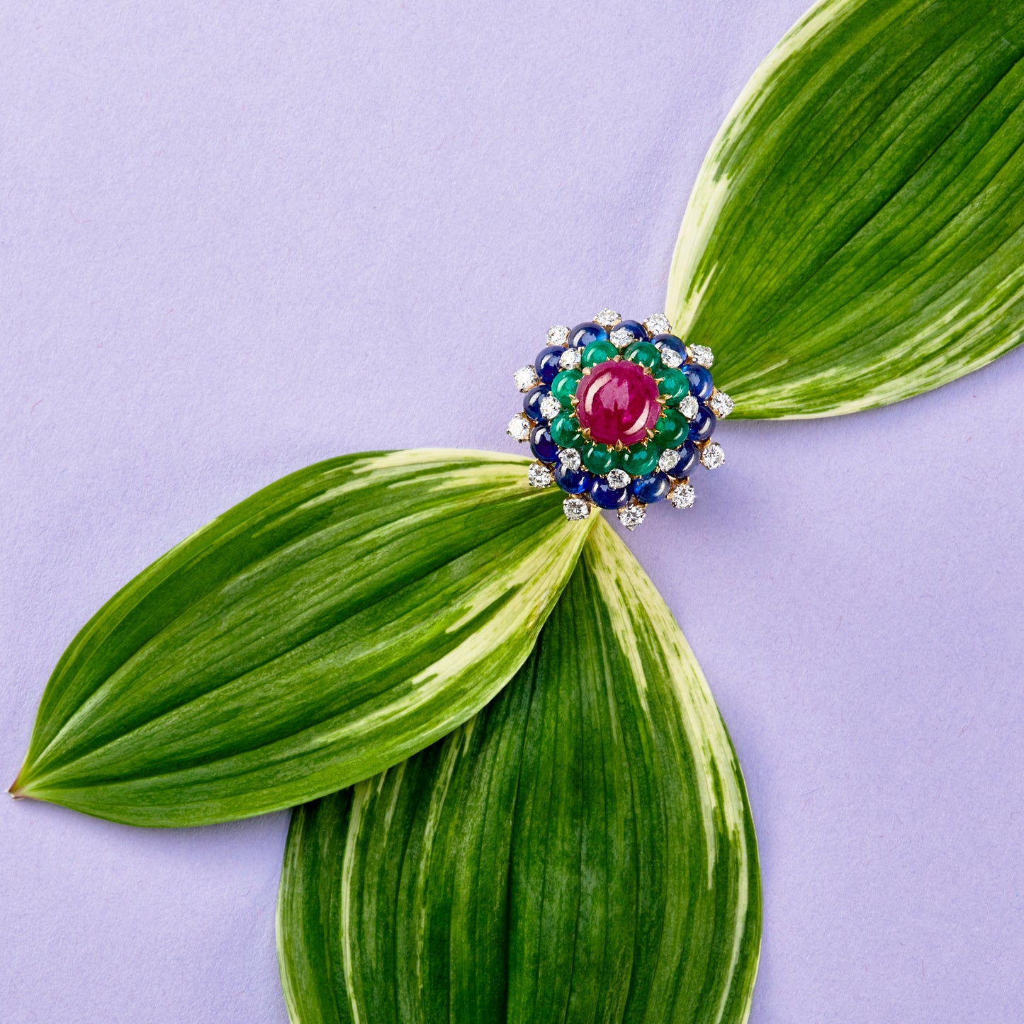 Bulgari 1960s 18KT Yellow Gold Ruby, Diamond, Emerald & Sapphire Ring front view