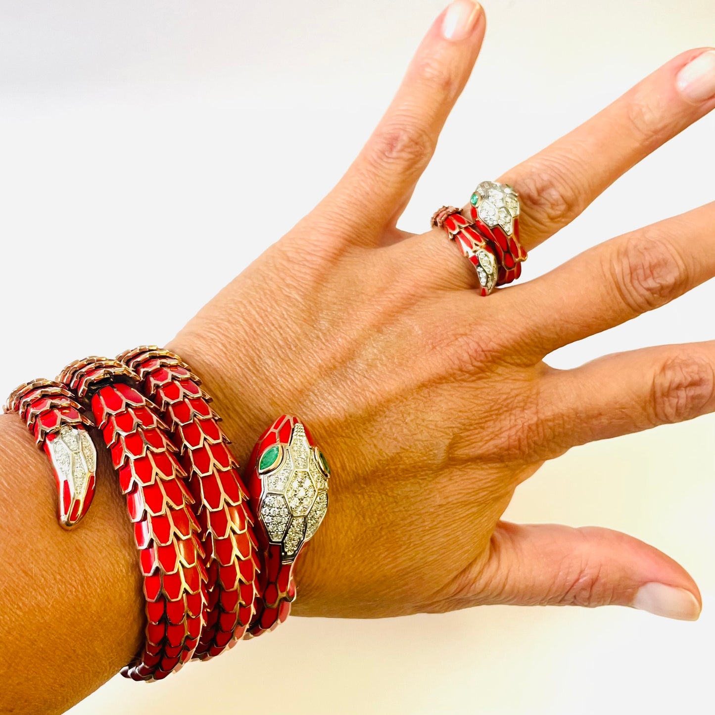 Post-1980s 18KT Rose Gold Enamel, Diamond & Emerald Snake Watch & Ring Set worn on hand